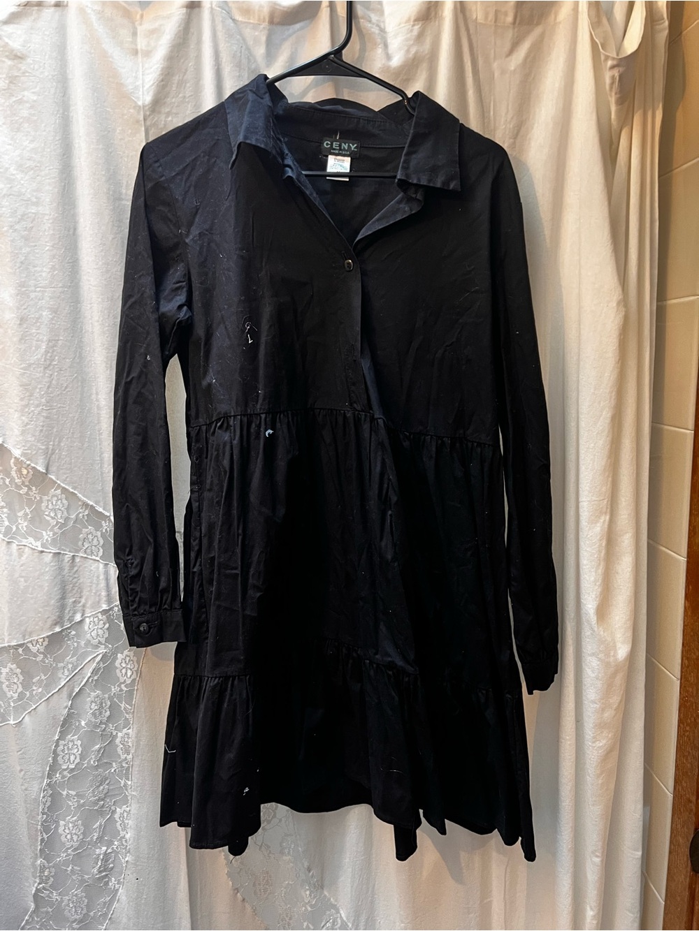 CENY Black Long-Sleeve Tiered Shirt Dress
